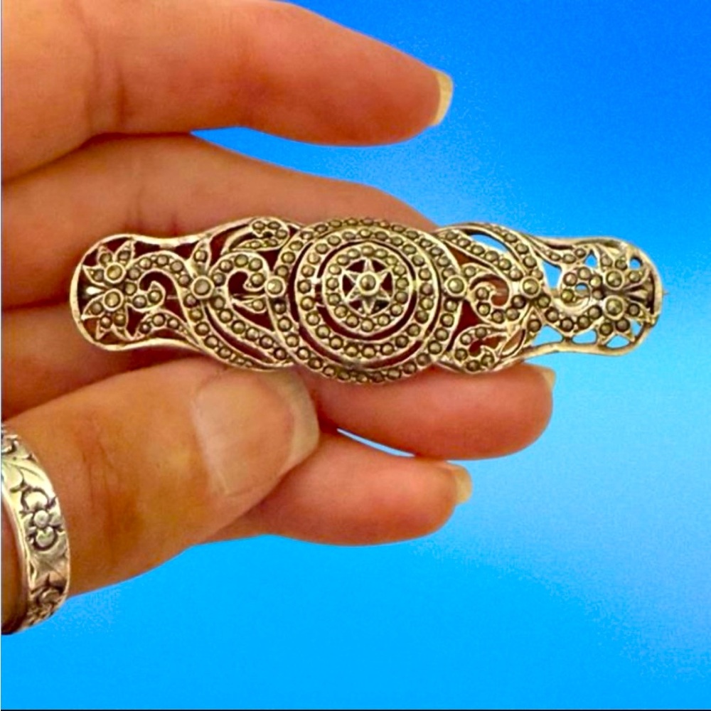 Antique Art Deco Sterling Marcasite Center Star Floral Design Brooch 2.5”, 10.6g